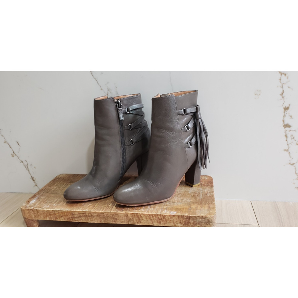 Halogen Boots Womens 6M Grey Leather Fringe Tassel Ankle Block Heel Booties